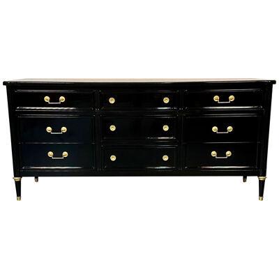 Hollywood Regency Ebony Lacquered Dresser, Chest of Drawers, Jansen Style Bronze