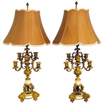 Pair of 19th Century Doré Bronze 7-Light Marble Base Candelabras Mounted as Lamp