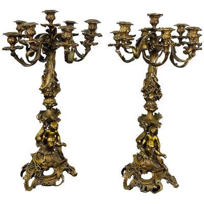 Pair of Louis XVI Style Gilt Bronze Candelabra, Cherub Florentine Form
