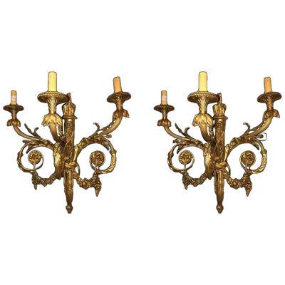 Louis XVI Style Solid Bronze 3-Light Sconces - A Pair