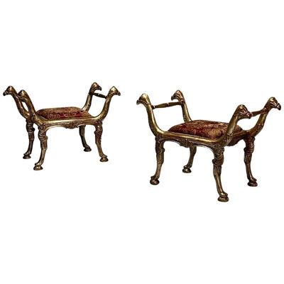 Italian Neoclassical Style, Curule Benches, Giltwood, Fabric, Camel Motif, 1970s