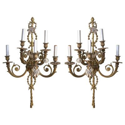 Pair of Bronze and Crystal Belle Epoch Beaded Sconces Finely Cast	