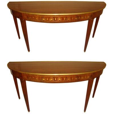Pair of Monumental Boule Inlaid Demilune Console Tables