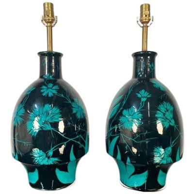Pair of Mid-Century Modern Ceramic Floral Motif Table Lamps, Green and Blue