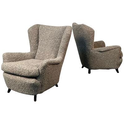 Pair Italian Mid-Century Modern Wingback Lounge Chairs, Zanuso Style Grey Boucle