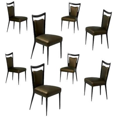 Melchiorre Bega, Italian Mid-Century Modern, Eight Dining Chairs, Black Lacquer