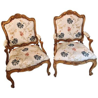 Pair of Fine Louis XV Style Armchairs in Fine Upholstery Custom Frames