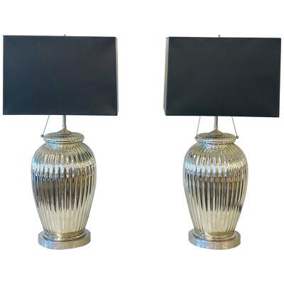 Pair of Mid-Century Modern Silver Table Lamps, Mercury Glass, Brass, Urn-Shaped