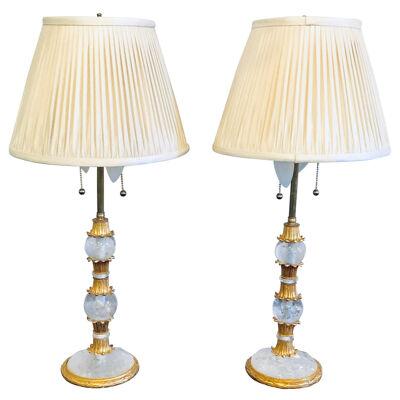 Pair of Gilt Metal and Rock Crystal Baguès Style Table Lamps