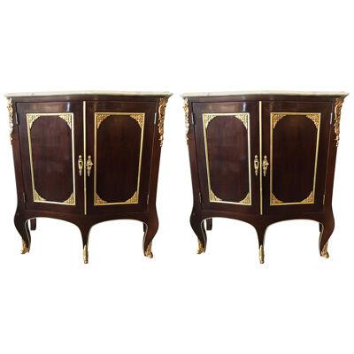 Pair of Jansen Style Double Door Marble-Top Bedside Cabinets or End Tables