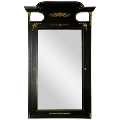 Monumental French Directoire Style Ebonized Mirror Beveled With Brass Accents	