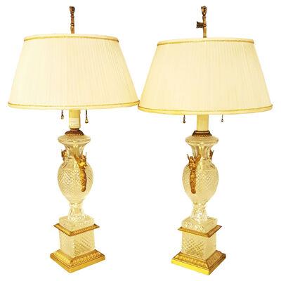Pair of Hollywood Regency Style Fine Glass Lamps with Swan Handles