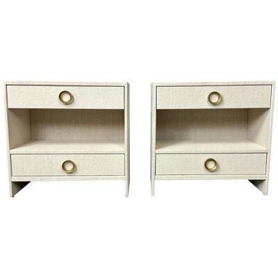 Pair Custom Linen Wrapped Open Commodes, Chests, Nightstands, White, American
