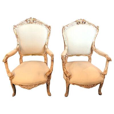 Pair of Antique Louis XV Style Armchairs in Painted Distressed Frames