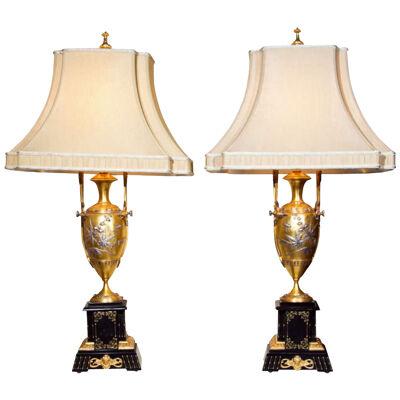 Pair of French Bronze Table Lamps Ebony Base Art Nouveau Style With Linen Shades