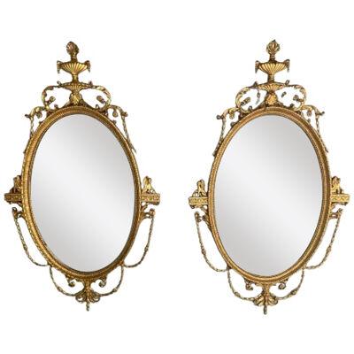 Pair of English Regency Style Gilt Wood Oval Mirror, Wall, Console, Over Mantle