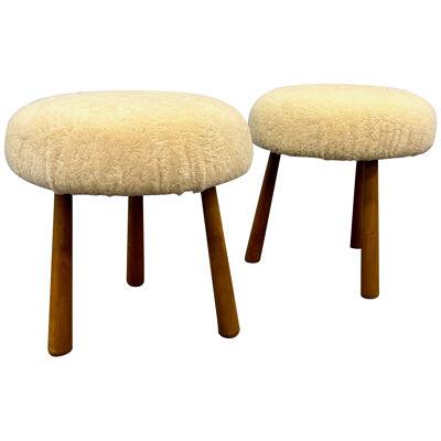 Pair Contemporary Swedish Modern Style Sheepskin Footstools / Ottomans, Beige