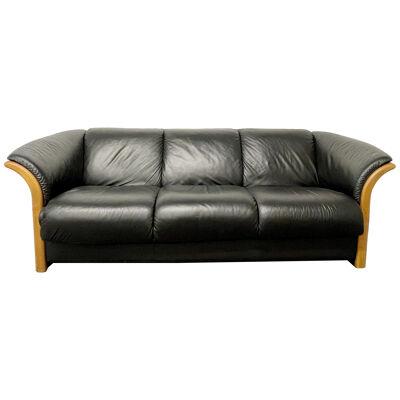Mid Century Modern Sofa, Couch, Wood Trim, Black Leather