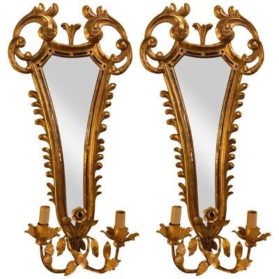 Pair of French, 19th Century Giltwood Mirrored Back Wall Sconces