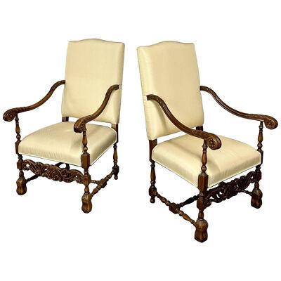Pair of Custom Throne, Hi Back Chairs, Fine Upholstery, Barley Twist, Jacobean