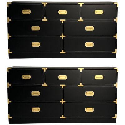Hollywood Regency, Campaign Dressers, Black Paint, Brass, USA, 1970s