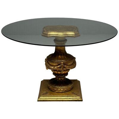 Louis XVI Style Pedestal / Center / End Table with Glass Top, Giltwood