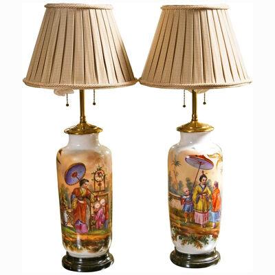 19 C. French Chinoiserie Porcelain Lamps - Pair