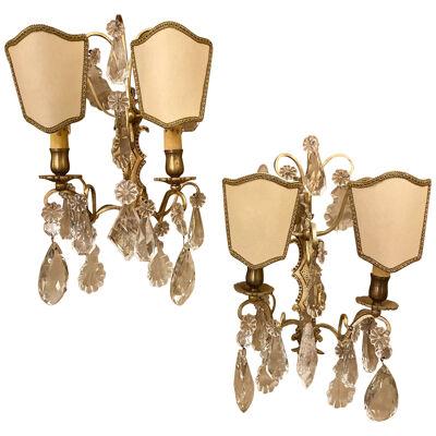 Pair of Two-Light Covered Mixed Crystal and Rock Crystal Bronze Wall Sconces