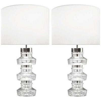 Pair Swedish Mid-Century Modern Translucent Clear Glass Table or Desk Lamps