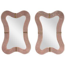 Contemporary, Wavy Wall Mirrors, Pink Murano Glass, Brass, Italy, 2023