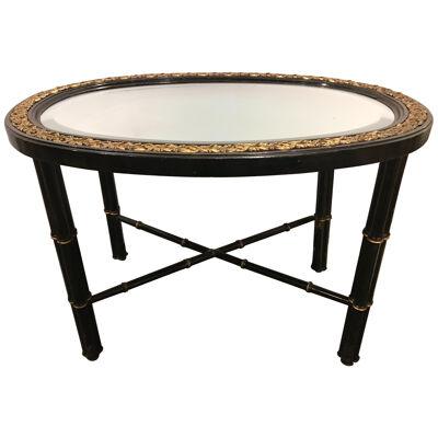Hollywood Regency Beveled Mirror Top Black Oval Coffee Table with Bronze Mounts