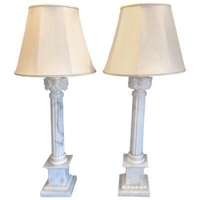 Pair of White and Grey Veined Column Marble Table Lamps with Custom Shades