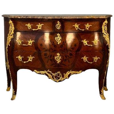 19th Century French Bombe Louis XV Style Marble Top Commode with Floral Inlays