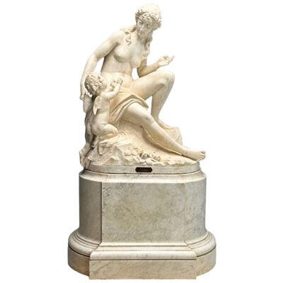 Jean-Marie Boucher, Venus and Cupid Marble Statue, White Marble, Romantic, 1910