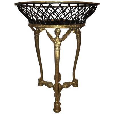 19th-20th Early Empire Bronze Basket or Jardinière on Figural Gilt Bronze Stand