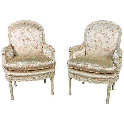 Pair Louis XVI Style Maison Jansen Bergeres in A Distressed Frame