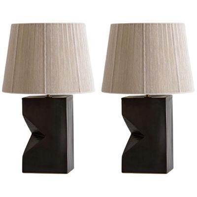Pair Contemporary Stoneware Ceramic Rectangular Table / Desk Lamps, Walnut Glaze