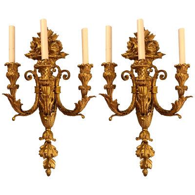 Pair of Three-Arm Bronze Wall Sconces French Louis XVI Style Bronze Dore