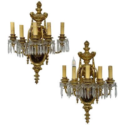 Set of Four Louis XVI Style Bronze and Crystal Rams Head Five Light Sconces
