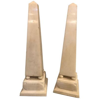 Pair of Large Antique 19th-20th Century Solid Marble Obelisks on Pedestals