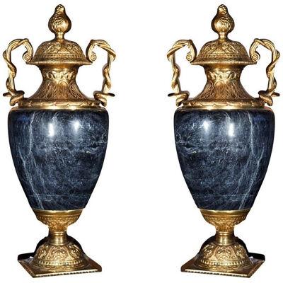 Pair of Marble and Bronze Cassolettes, Urns or Vases, Lidded,