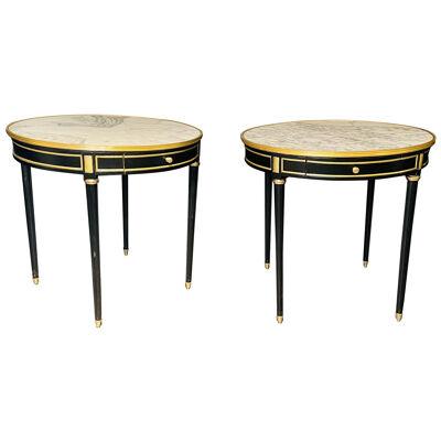 Pair of Maison Jansen Style Bouillotte or End Tables, Ebony Bronze Marble Top