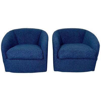 Pair Mid-Century Modern Blue Barrel / Swivel Chairs, American Designer, Boucle