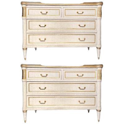 Jansen Style Marble Top Commodes / Nightstands Painted Linen Finished - a Pair