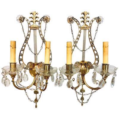 Pair of Bagues Louis XVI Style Lyre Back Crystal and Brass 2 Light Wall Sconces