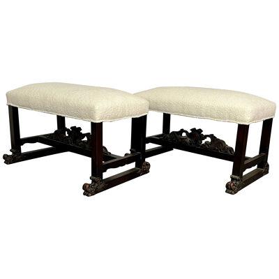 Pair of Hand Carved Georgian Style Benches / Footstools / Ottomans, Boucle