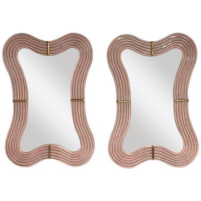 Contemporary, Wavy Wall Mirrors, Pink Murano Glass, Brass, Italy, 2023
