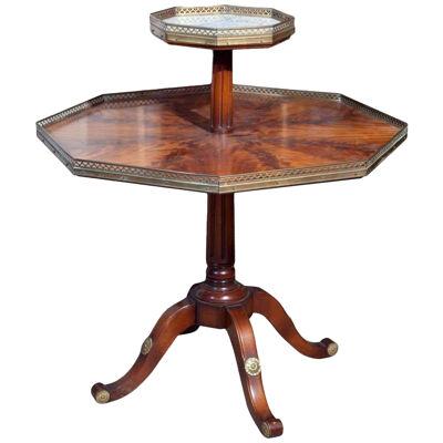Flame Mahogany Octagonal Two-Tier Table White Marble Top Pedestal Base Jansen