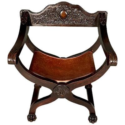 Italian Renaissance Arm / Office Chair, Carved, Leather Seat, 19th Century