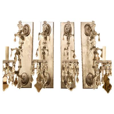 Hollywood Regency Silver Gilt Wall Scones with Crystal Set of Four	